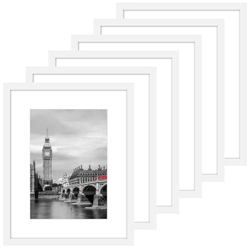 Fixwal 8x10 Picture Frame Set of 6 with Shatter Resistant Plastic Glass Thin Border and Light Weight Photo Frames for Wall or Tabletop Display White