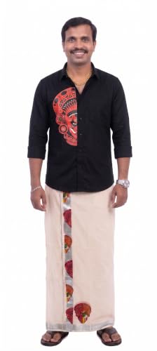 Image of Mens Print along with Border 100% Cotton Cream Dhoti 4.00 Meters Double Mundu /Vesti