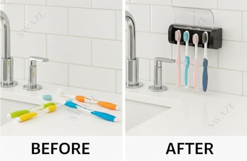 Image of Swaze Plastic Toothbrush Holder with Antibacterial Cover for Bathroom | 5-Slots Wall Mounted Toothbrush Holder with self Adhesive & Screw Options | Bathroom Organizer (Matte Black)
