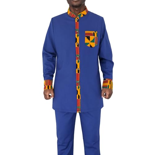 African Dashiki Suit for Men Kente Print Long Sleeve Outfit Clothing Shirts and Pants 2 Piece Traditional Attire3