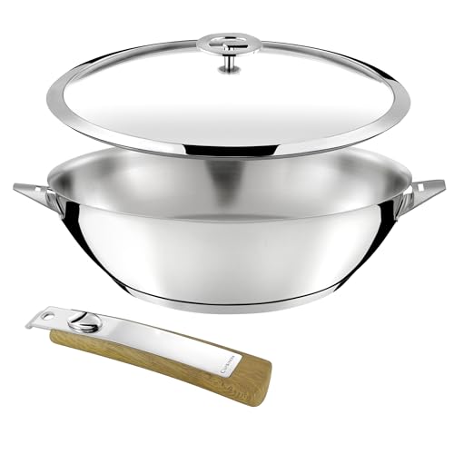 Cuisinox - Eclipse - Wok 28 cm tout inox - Fond encapsulé - Compatible tous feux dont induction - Acier Inoxydable 18/1 - Finition miroir - Poignée amovible effet bois