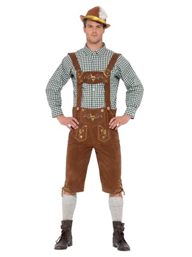 Smiffys Disfraz bávaro tradicional de lujo de Hanz, Verde, con lederhosen y camisa Halloween