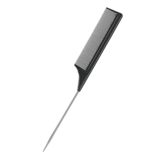 LLTGMV Rat Tail Comb Steel Pin Rat Tail Carbon Fiber Heat Resistant Teasing Combs with Stainless Steel Pintail (Black)