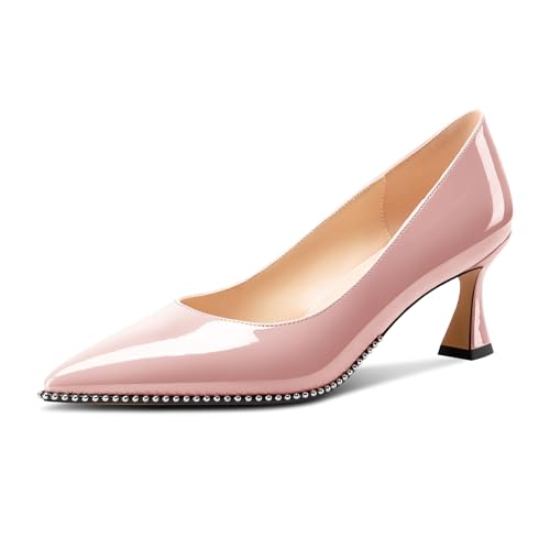 Image of TNYNFBEB Womens Mid Kitten Heel Pointed Toe Pumps Slip-on Silver Beaded Prom Party Dress Patent Leather 2.6 Inches Heels