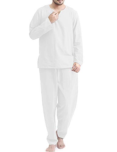 COOFANDY Men's 2 Pieces Cotton Linen Hippie T Shirt and Pants Casual Long Sleeve Jogger Yoga Top Sleepwear Pajamas Set