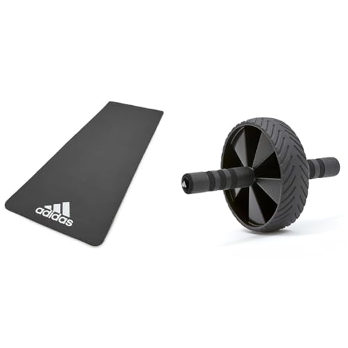 【セット買い】adidas(アディダス) フィットネスマット/ヨガマット 7mm グレー 軽量(850g) コンパクト ADMT-11014GR + 腹筋ローラー アブホイール 腹筋トレーニング ADAC-11404