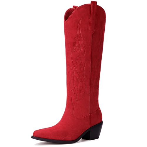 Image of Pasuot Western Cowboy Boots for Women - Knee High Wide Calf Cowgirl Boots, Slip On Pointed Toe Chunky Heel Fashion Retro Classic Pull On Tall Boot for ladies Party concert Matte Red US 8