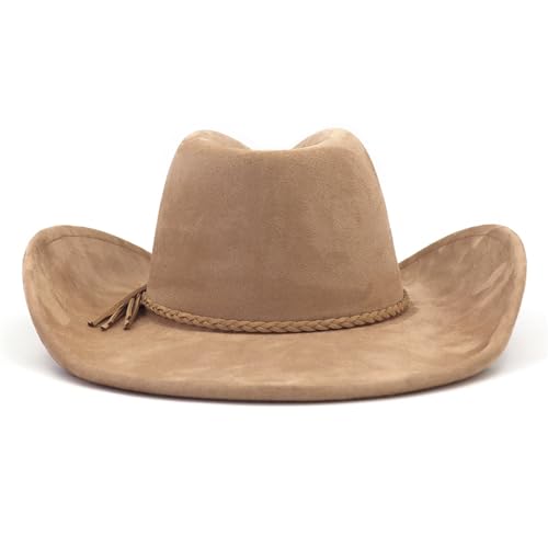 Image of Western Cowboy Hat for Women Men Classic Fedora Hats Wide Brim Suede Cowboy Hat for Women with Buckle Belt