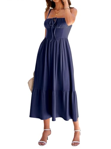 YIOYOLA Dress for Women Summer Sleeveless Midi Navy Blue Wedding Guest Spaghetti Strap Garden Party Dresses Square Neck Lace Up Sundresses(YYL636-Navy Blue,S)