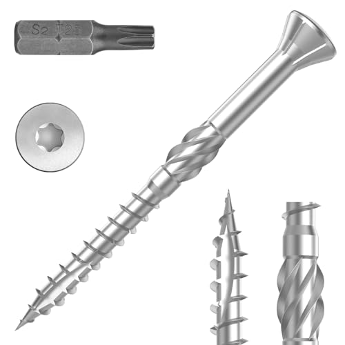 TCO Terrassenschrauben Edelstahl A2 5x70mm 200 Stück - Holzschrauben mit Cut-Spitze, Schneidkerbe & T25 Bit - Universalschrauben für Terrassendielen, Gartenhäuser und Außenbereich (Terrassenbau)