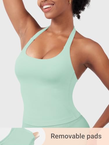 Image of YEOREO SoftHue Women's Impact Halter Tank Top Longline Backless Scoop Neck Built-in Bra Sports Workout Gym Crop Top