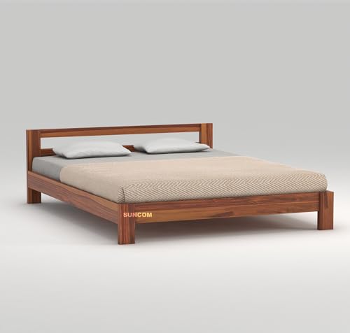 Image of SUNCOM Wooden Low Height Queen Size Bed Without Storage | Wooden Platform Bed | Space Saving Low Floor /Lying /Rise /Level /Profile Cot Bed for Bedroom | Basic Headboard | Honey Finish