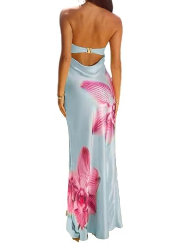 Image of Sastianaen Women Y2k Strapless Maxi Dress Floral Print Tube Dress Split Bodycon Long Dresses Summer Going Out Streetwear