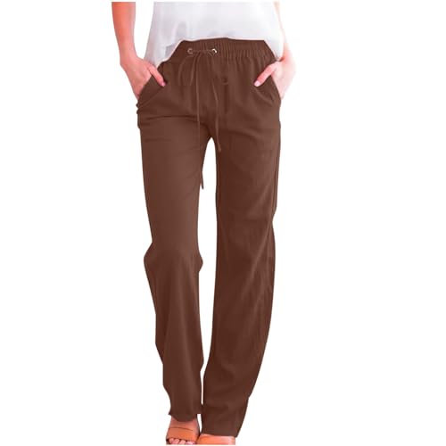 Generic Women's Casual Pants, Prime The Day 2024, Womens Casual Cotton Linen Pants Lightweight Summer Relax Fit Elastic Waist Straight Leg Plus Size Solid Lounge Long Trousers C06_Brown,XL, X-Large