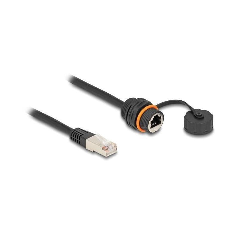 Delock Câble RJ45 mâle vers RJ45 Femelle Cat.6A à encastrer avec Filetage M20 et Capuchon de Fermeture IP68 - Étanche à la poussière et à l'eau - 25 cm - Noir