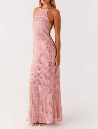 Image of Argeousgor Women Halter Neck Backless Summer Dresses 2025 Sleeveless Tiered Ruffle A-Line Flowy Cocktail Party Maxi Dress