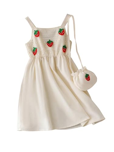 WDIRARA Toddler Girl's Cute Strawberry Crochet Sleeveless Swing Dress Short Cami Dresses with Bag
