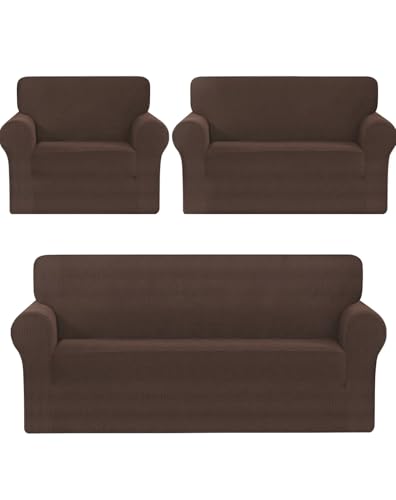 Recopilación de Juegos de sofás los mejores 5. 47 KOELA Juego de Protector Cubre Salas Elástico Stretch Fit, 3 Piezas, Jacquard Elástico, Fácil Lavado, Ideal para Proteger Tus Muebles, Ajuste Perfecto (Chocolate)