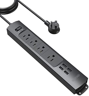 Power Strip Surge Protector USB - TROND Flat Plug 6ft Long Extension Cord with 4 USB Ports & 4 AC Outlets, 1440 Joules, Wall Mount for Workbench, Nightstand, Dresser, Desk, Black