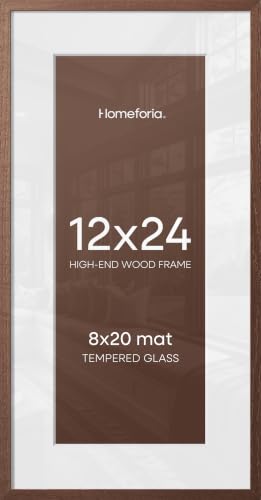 Image of Homeforia 12x24 Picture Frame Brown, High End Dark Oak 12x24 Walnut Wood Poster Frame with Mat 8x20 Print, 12 x 24 Wooden Frame Matted to 8 x 20 Photo, 24x12 Frames, Tempered Glass, Wall Kit, Set of 1