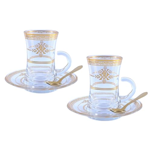 Vasos y platillos de té turco, tazas de café expreso con patrón dorado en relieve, juego de tazas de té para beber de cristalería, taza de vidrio de 120 ml con asa, 2 piezas doradas D