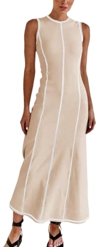 Women's Drop Waist Maxi Dress Knit Sleeveless Maxi Tank Dress Crewneck T  Shirt Long Dress Striped Contrast Waist Dress  (Apricot,Small,US,Alpha,Small,Regular,Regular) at Amazon Women's Clothing  store
