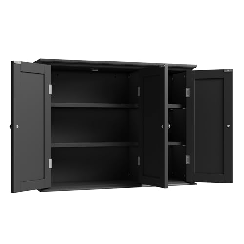 ChooChoo Bathroom Wall Cabinet with 3 Doors, Laundry Cabinet Wall Mounted, Medicine Cabinet with Adjustable Shelves, Hanging Kitchen Cupboard Organizer, Black