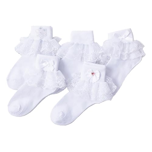 5 Pairs Kid Girls' Ruffle Lace Princess Socks Casual Comfy Frilly Ankle Dance Socks Cute Bowknot White Crew Dress Socks