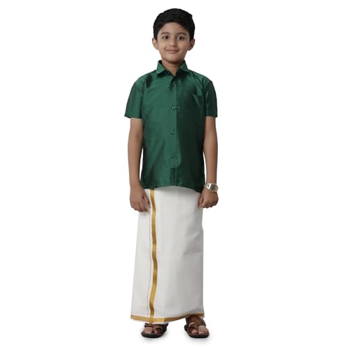 Image of RAMRAJ COTTON Boys Silk Cotton Shirt With Adjustable Cream Dhoti Perfect For Ceremonies| Festivals| And Special Occasions