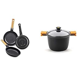 Olla Bra Efficient 24 BRA Efficient Orange Set de 3 sartenes, Aluminio Fundido con Antiadherente tricapa Libre de PFOA + Efficient Olla Alta con Tapa de Cristal y Asas de Silicona, 6.8 litros, 24 cm