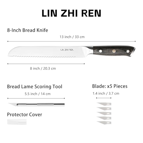 Bread Knife, 8-Inch Stainless Steel Serrated Bread Knife with Wooden Handle, with 5.5-Inch Carving Knife Set, 5 Sharp Blades - Image 3