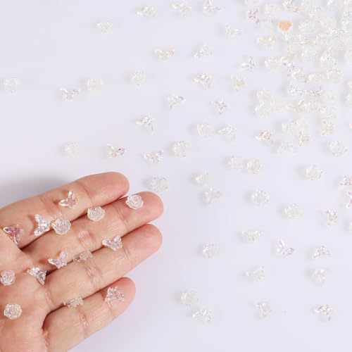 60stk Mikro-Schmetterlinge aus Kunstharz und 60stk Mini-Blumen aus Kunstharz, Mini-Blumen aus Kunstharz Blumen Kunstharz für Mädchen und Frauen Puppenhausfee Nagelkunst-Dekoration(Transparent)