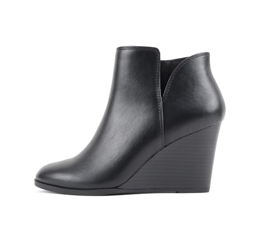 Soda Ability - Mid Ankle Bootie w/Split Shaft and Zipper Stacked Wedge Heel (BLACK PU, 6.5)
