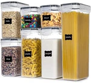 7 PCS Food Storage Containers with Lids, Plastic Kitchen Storage Containers for Pantry Organization and Storage, Cereal, Rice, Pasta, Flour and Sugar Containers with Labels, Marker, Measuring Cups