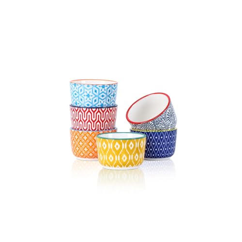 Selamica Ceramic Mini Ramekins 2 OZ Creme Brulee Ramekins Oven Safe Dipping Sauce Cups for Condiments Side Dish Set of 6 Assorted Colors