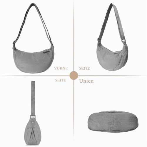 GoPaw Damen Halbmond Crossbody Schultertasche, Hobo Halfmoon Bag, Nylon Crossbody Bag Damen Halbmond Schultertasche mit verstellbarer Schultergurt, Einfarbige(Grau)