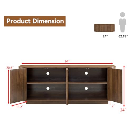 64" Buffet Sideboard Cabinet with Storage, Modern Fluted Accent Credenza with Adjustable Shelves, Wood Coffee Bar Console Table for Living Room Kitchen Dining Room Hallway, 24" H, Walnut - Image 2