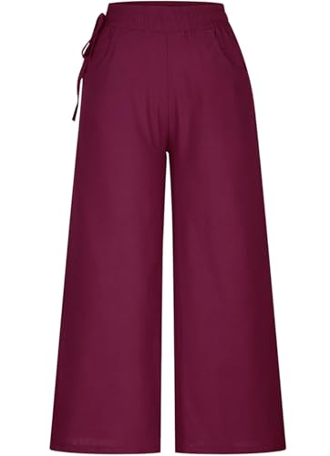 Image of KOTTY Women's Crumble Fabric High Waist Solid Color Drawstring Wide Leg Trousers Loose with Pockets