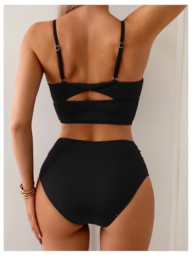 SweatyRocks Women's High Waisted Bikini Sets V Neck Twist Back Top Swimsuit Tummy Control Bathing Suit2