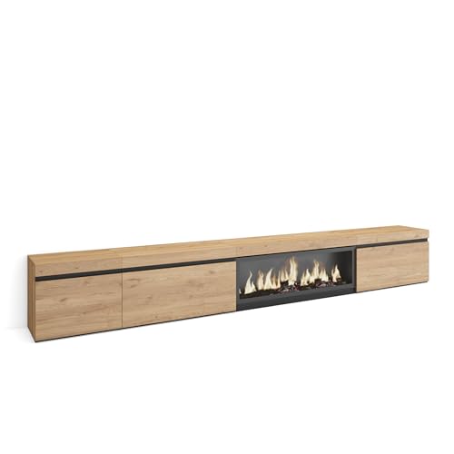 Skraut Home | Meuble TV | Banc Télé | Grand Espace de Rangement | 317x45x35 cm | Cheminée électrique XXL | Style Moderne | Chêne