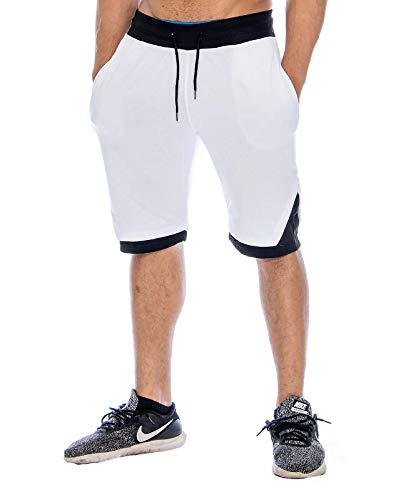 9 Crowns Men's Casual Gym Basketball Sweat Shorts-White/Black-2XL