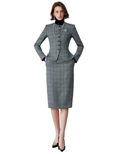Women's Plaid Suit Skirt Set Business Casual Single Breasted Button Jacket Collarless Tuxedos