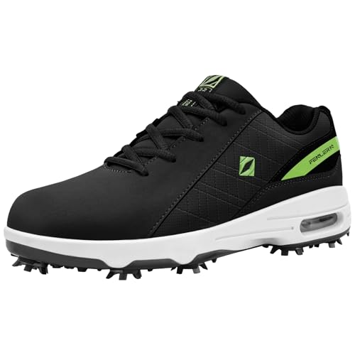 FENLERN Golf Shoes Men, Spiked, Waterproof Leather Upper, Cushioning F006, Fluorescent Green Black 12