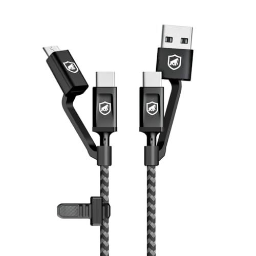 Gshield Cabo 4 em 1 Defender 33W Tipo C para USB C com Adaptadores Micro USB V8 + USB A, 20AWG Carregamento Rápido Quick Charger 3.0, Revestido em Malha Reforçada 1,5 Metros, Preto