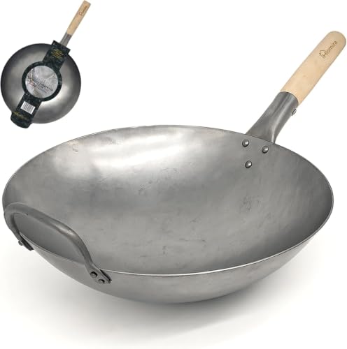 Homira Wok 36cm handgehämmert aus Karbonstahl mit rundem Boden und Holzgriff traditionelle Wokpfanne PFAS-frei für Gas Grill & Outdoor