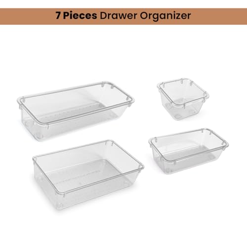 Image of ALOXE Drawer Organizer Makeup Organizer Box Transparent Multipurpose Drawer Organisers Storage Box For Cosmetic, Jewellery, Office, Kitchen Items (7 Pcs)