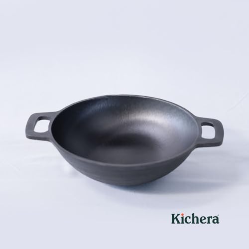 Image of Kichera Pre Seasoned Cast Iron Kadai with 2 Loop Handles (10 Inch) | 2.5kg, 2.5L Capacity | Cookware for Deep Frying | Wok, 26cm Diameter | Kadhai Non Stick |Pure & Toxin-Free