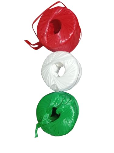La Mejor Lista de Rafia favoritos de las personas. 36 Rafia Decorativa Tricolor, 178 Metros por Rollo, Verde Blanco y Rojo, Paquete de 3 Rollos