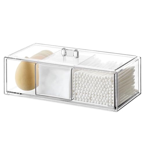 TESSTSY Aufbewahrung für Organizer Wattestäbchen, Kosmetik Organizer Pads, Wattestäbchen Behälter Transparent 3 Fächer, Wattepads Halter mit Deckel für Badezimmer, Schminktisch, Wohnzimmer, Küche