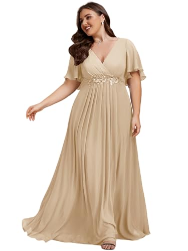 Image of Ever-Pretty Short Sleeves V Neck Plus Size Formal Dresses for Curvy Women Chiffon Mother of The Bride Dress Evening Gowns
